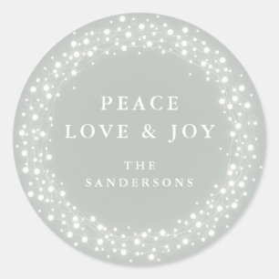 Green Sparkling Lights Peace Love+Joy Christmas Classic Round Sticker