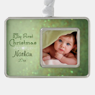 Green Sparkly Baby's First Christmas Silver Plated Framed Ornament