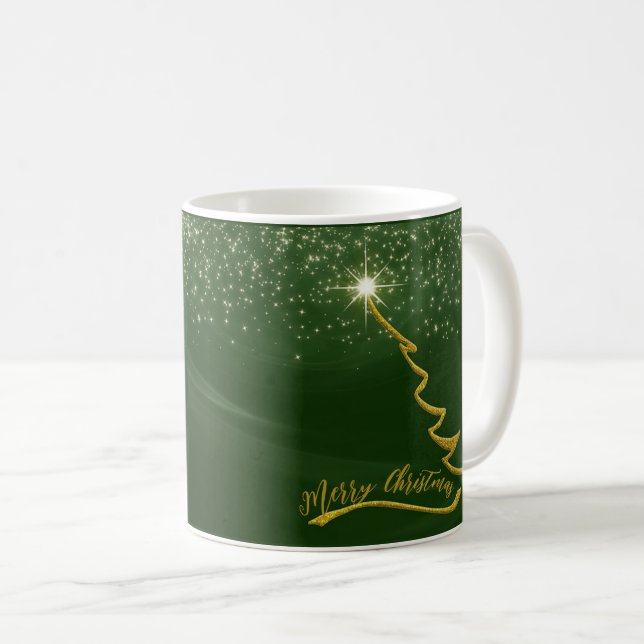 Green Sparkly Background With Gold Christmas Tree Coffee Mug (Front Right)