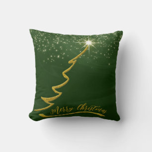 Green Sparkly Background With Gold Christmas Tree Cushion