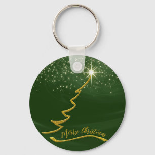 Green Sparkly Background With Gold Christmas Tree Key Ring