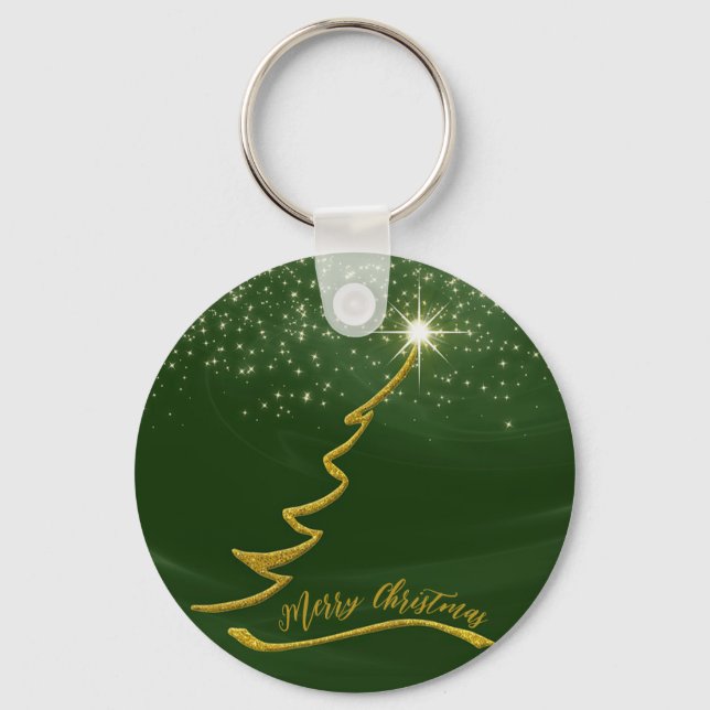 Green Sparkly Background With Gold Christmas Tree Key Ring (Front)