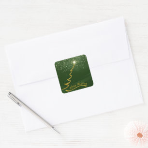 Green Sparkly Background With Gold Christmas Tree  Square Sticker