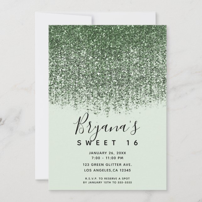 Green Sparkly Glitter Sweet 16 Birthday Party Invitation (Front)