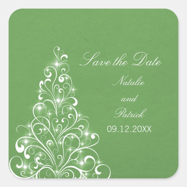 Green Sparkly Holiday Tree Save the Date Stickers (Front)