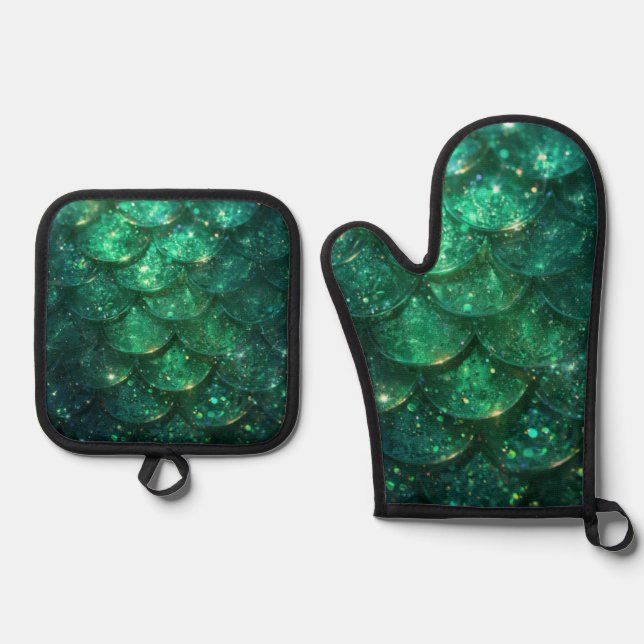 Green Sparkly Mermaid Print Oven Mitt & Pot Holder Set (Front)