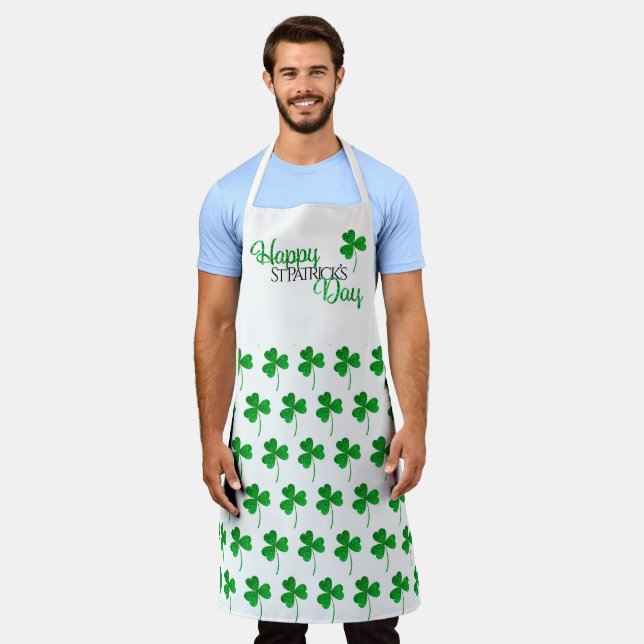 Green Sparkly Shamrocks Happy St Patrick’s Day Apron (Worn)