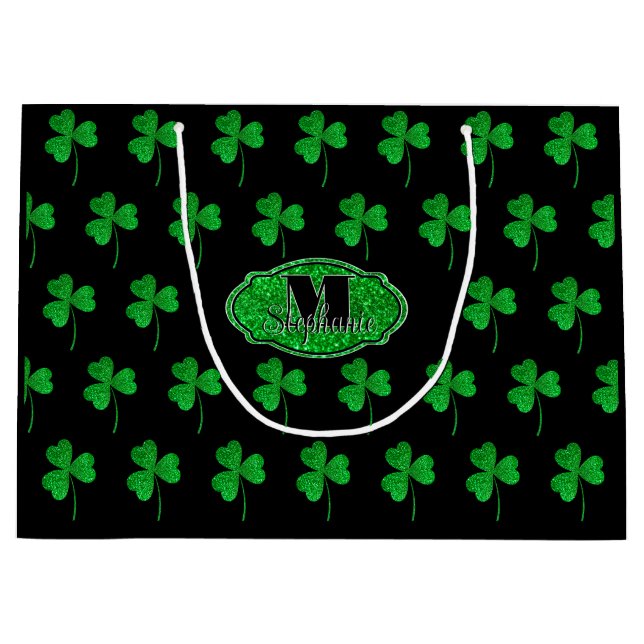 Green Sparkly Shamrocks Monogrammed St Patrick Large Gift Bag (Front)