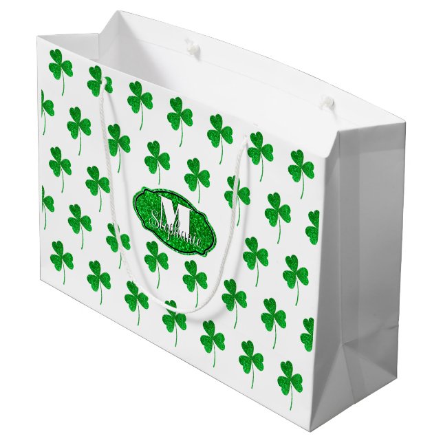 Green Sparkly Shamrocks Monogrammed St Patrick Large Gift Bag (Back Angled)