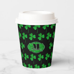 Green Sparkly Shamrocks Monogrammed St Patrick Paper Cups