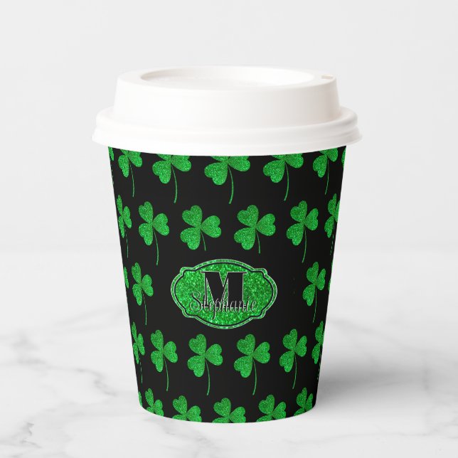 Green Sparkly Shamrocks Monogrammed St Patrick Paper Cups (Front)