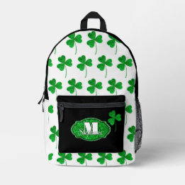 Green Sparkly Shamrocks Monogrammed St Patrick Printed Backpack