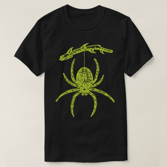 Green Spider Hanging From Branch T-Shirt (Design Front)