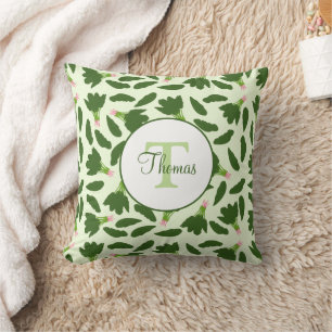 Green Spinach Leaves Pattern Monogram Names Cushion