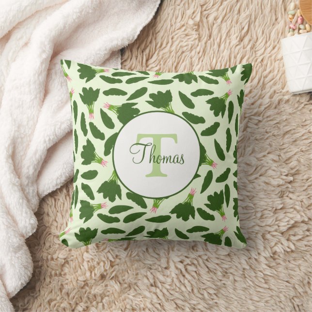 Green Spinach Leaves Pattern Monogram Names Cushion (Blanket)