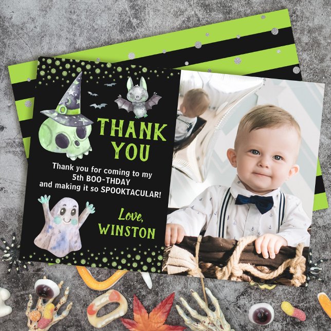 Green Spooky Boy Halloween Photo Thank You Card (Creator Uploaded)
