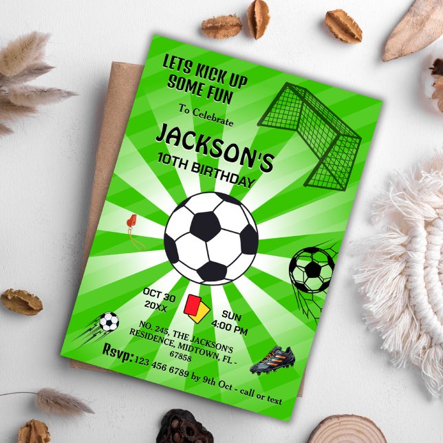 Green sport ball soccer themed modern 10th bday invitation (Creator Uploaded)