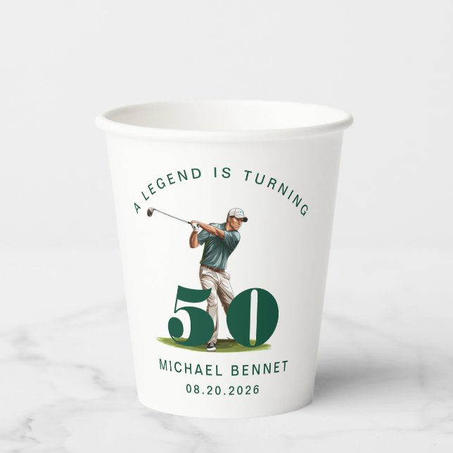 Green Sport Golfer 50th Birthday Paper Cups (Front)