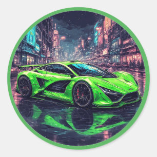 Green Sports Car on Rainy Neon Street Classic Round Sticker