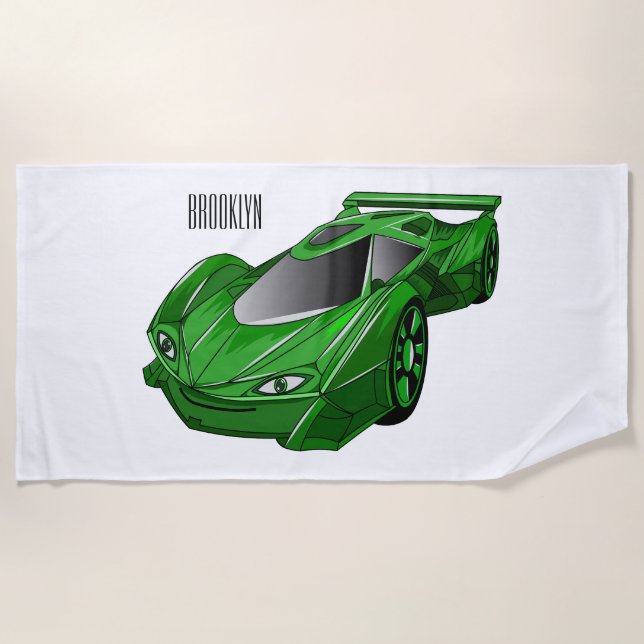 Green sports car with airfoil illustration beach towel (Front)
