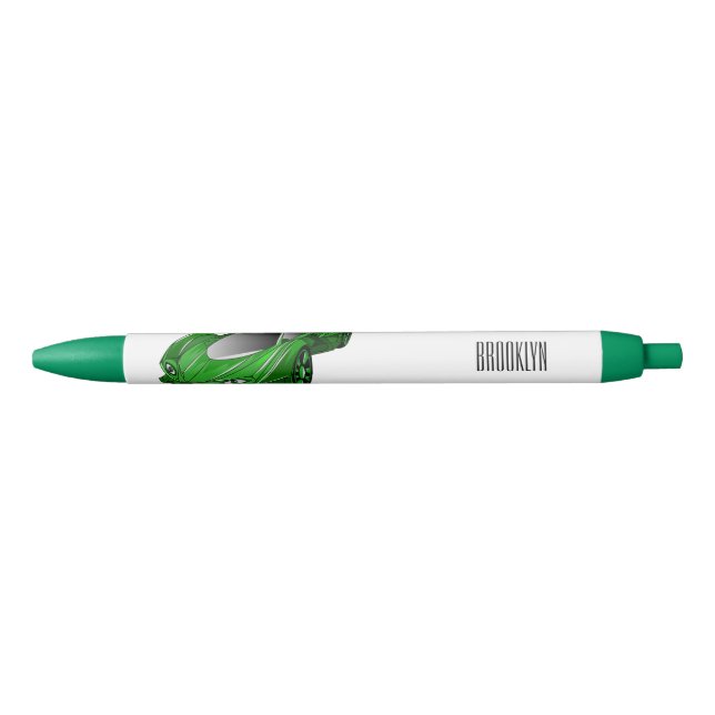 Green sports car with airfoil illustration black ink pen (Front)