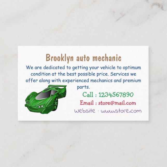 Green sports car with airfoil illustration  business card (Front)