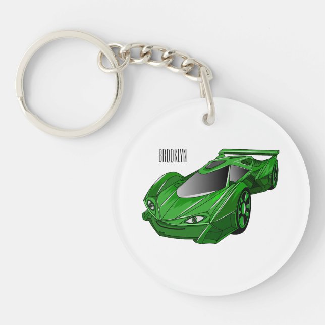 Green sports car with airfoil illustration key ring (Front)