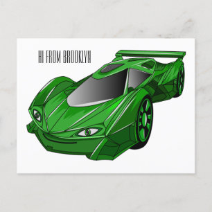 Green sports car with airfoil illustration postcard