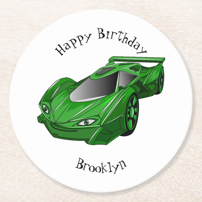 Green sports car with airfoil illustration round paper coaster (Front)