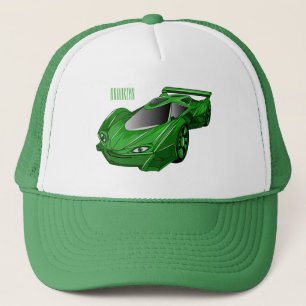 Green sports car with airfoil illustration trucker hat