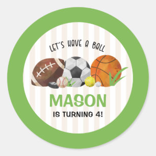 Green Sports Football Basketball Birthday Party  Classic Round Sticker
