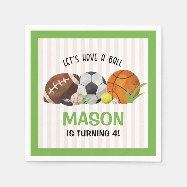 Green Sports Football Basketball Birthday Party  Napkin (Front)