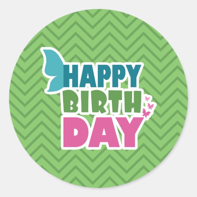 Green spring butterfly happy birthday stickers (Front)