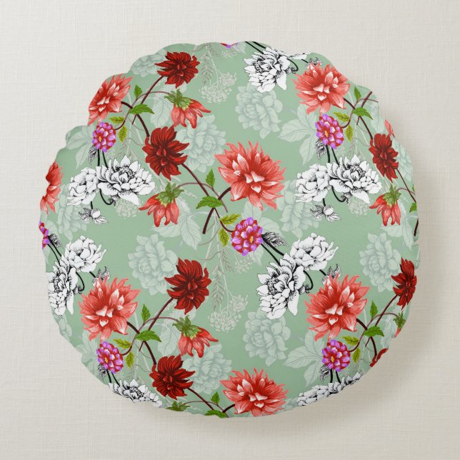 Green Spring Floral: Hand Drawn Round Cushion (Front)