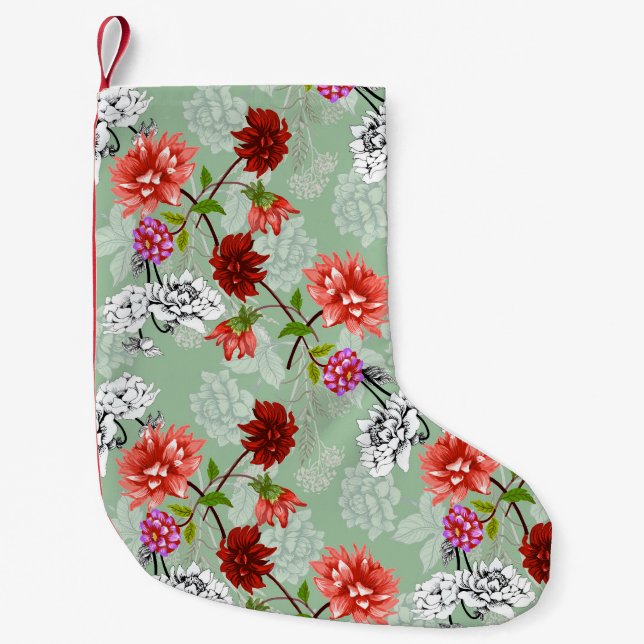 Green Spring Floral: Hand Drawn Small Christmas Stocking (Front)