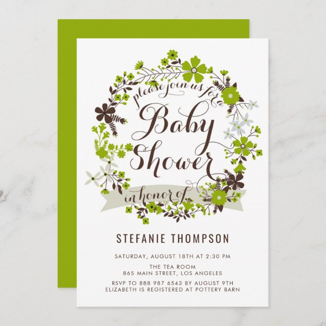 Green Spring Floral Wreath Baby Shower Invitation (Front/Back)