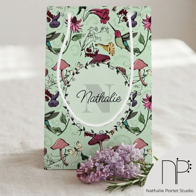 Green Spring Garden Hummingbird Small Gift Bag (This Green Spring Garden Hummingbird Small Gift Bag features hand-drawn wildflowers and a monogram.)