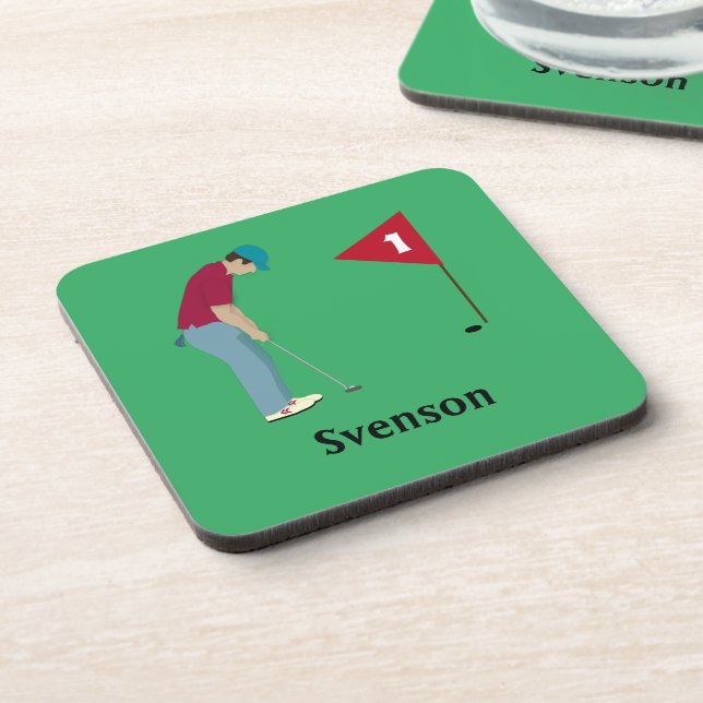 Green Square Golfer Putting Golf Ball Coaster (Left Side)