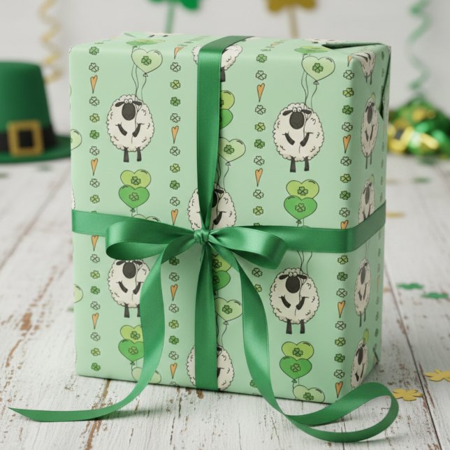 Green St. Patrick’s Day Sheep & Shamrock Balloons Wrapping Paper (Happy Saint Patricks Day Gift Wrap. Striped Pattern of Irish Sheep & Green Shamrock Heart Balloons)