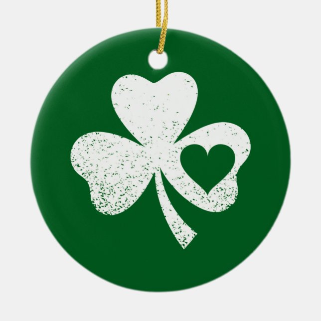 Green St Patricks Day Irish Patty's Heart Shamrock Ceramic Ornament (Front)
