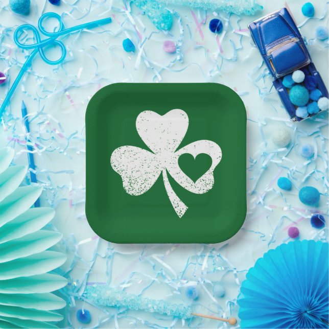Green St Patricks Day Irish Patty's Heart Shamrock Paper Plate (Party)
