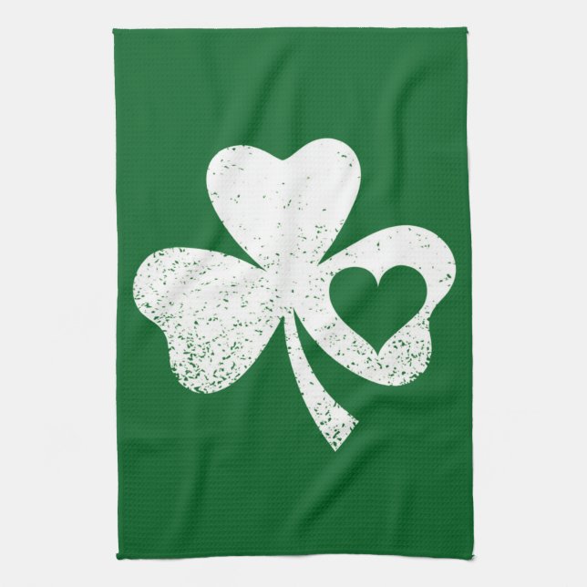 Green St Patricks Day Irish Patty's Heart Shamrock Tea Towel (Vertical)