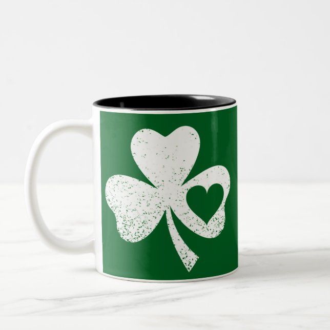 Green St Patricks Day Irish Patty's Heart Shamrock Two-Tone Coffee Mug (Left)