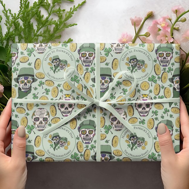 Green St Patrick's Day Irish Sugar Skull Custom Wrapping Paper (Custom St Patrick's Hand-Drawn Design in Black Ink. Irish Sugar Skulls Dressed in Hats & Scarves. )