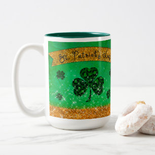Green St. Patrick's Day with Shamrock and Glitter Two-Tone Coffee Mug