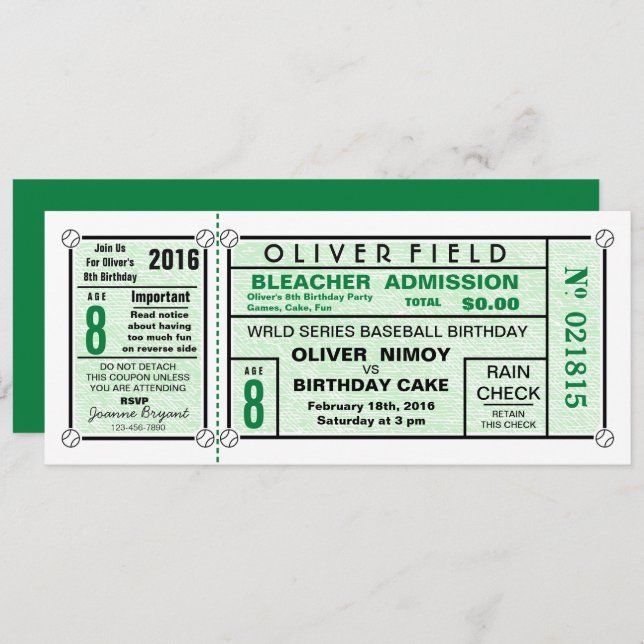 Green Stadium Ticket Baseball Birthday Invitation (Front/Back)