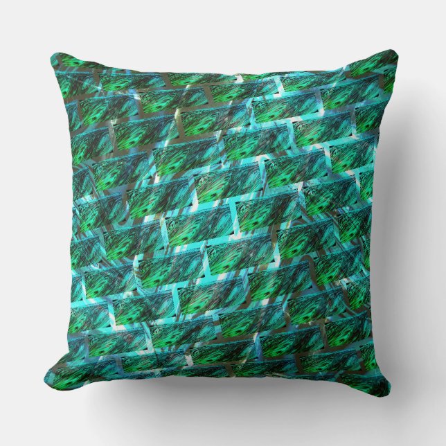 Green stained scratch, cyan grid or brick effect cushion (Front)