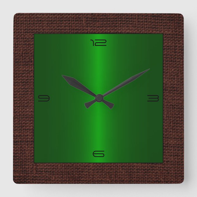 Green Stainless Steel Modern Burlap Border Square Wall Clock (Front)