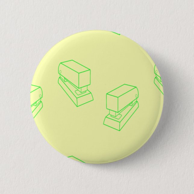 Green stapler on yellow 6 cm round badge (Front)