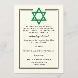 Green Star of David double border Bar Mitzvah Invitation